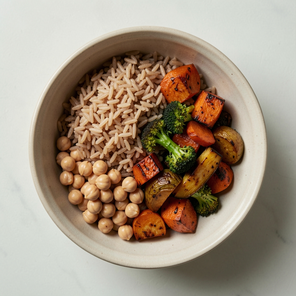 Overhead composition of a bowl of brown rice, chickpeas, and roasted vegetables on a pale ceramic surface, editorial studio lighting