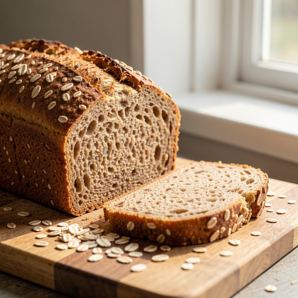 Close-up of a whole-grain loaf sliced on a wooden board with scattered oat flakes, morning light from a side window, editorial still-life composition