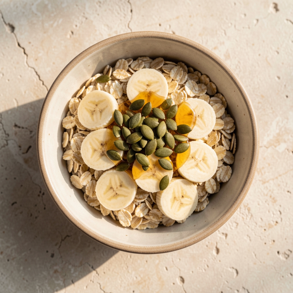 A ceramic bowl of oats topped with sliced banana, a scattering of pumpkin seeds, and a small drizzle of honey, photographed from directly above on a pale stone surface in morning light