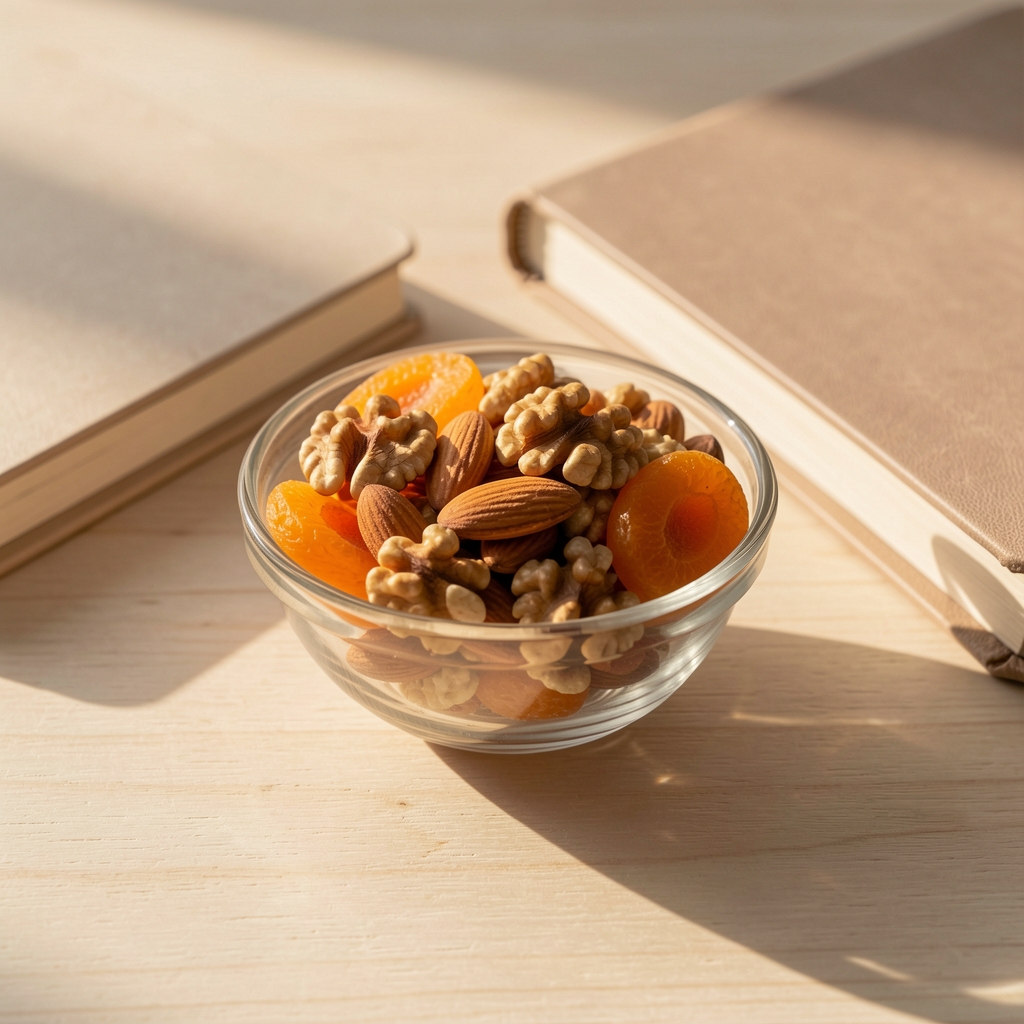 A small glass bowl of mixed walnuts, almonds, and dried apricots on a pale wooden surface beside a closed notebook, photographed in late afternoon natural light