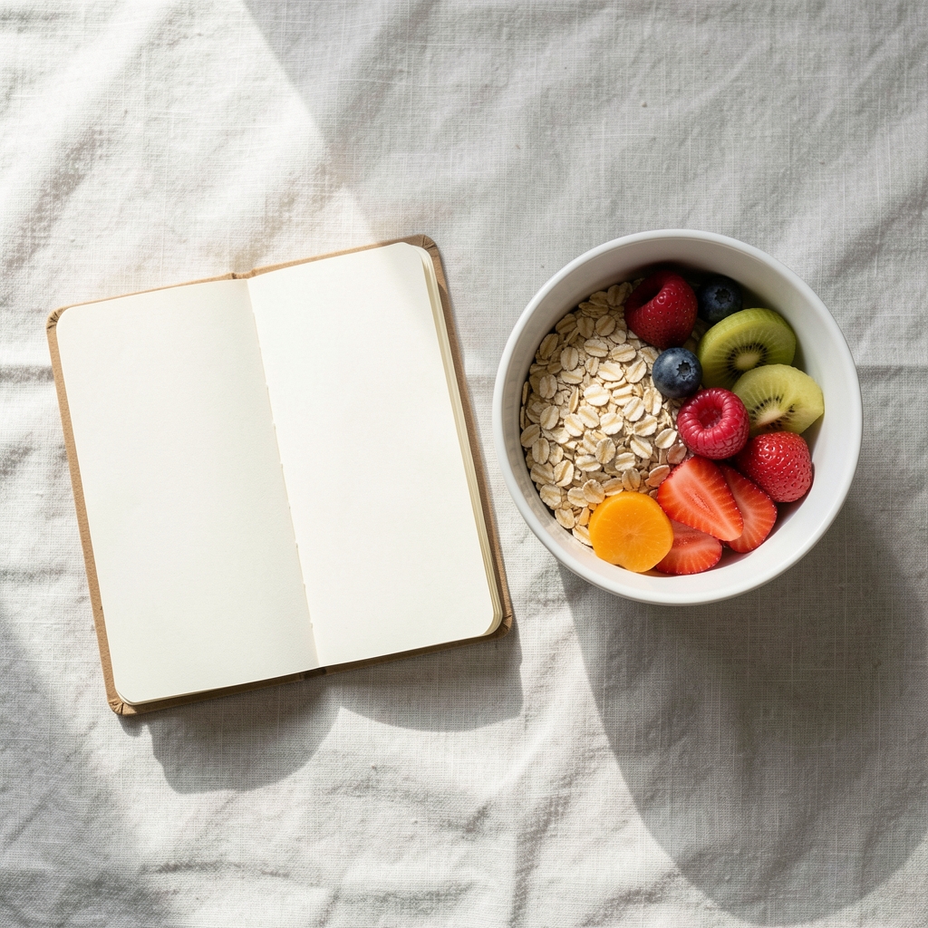 Flat-lay of a small notebook open beside a measured morning meal of oats and fruit on a clean linen surface, natural daylight
